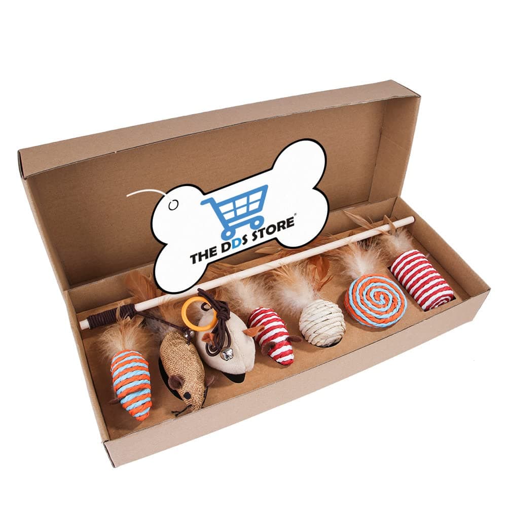 THE DDS STORE Cat Toy Gift Box - Funny Stick Set With Simulation Mouse Pet Toy - 7Pcs Set