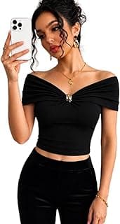 TIVANTE Off-Shoulder Top for Women Stylish, Ruched V Neck Tops for Woman with Gold-Tone Metal Buckle Detail || Fitted Tops for Woman
