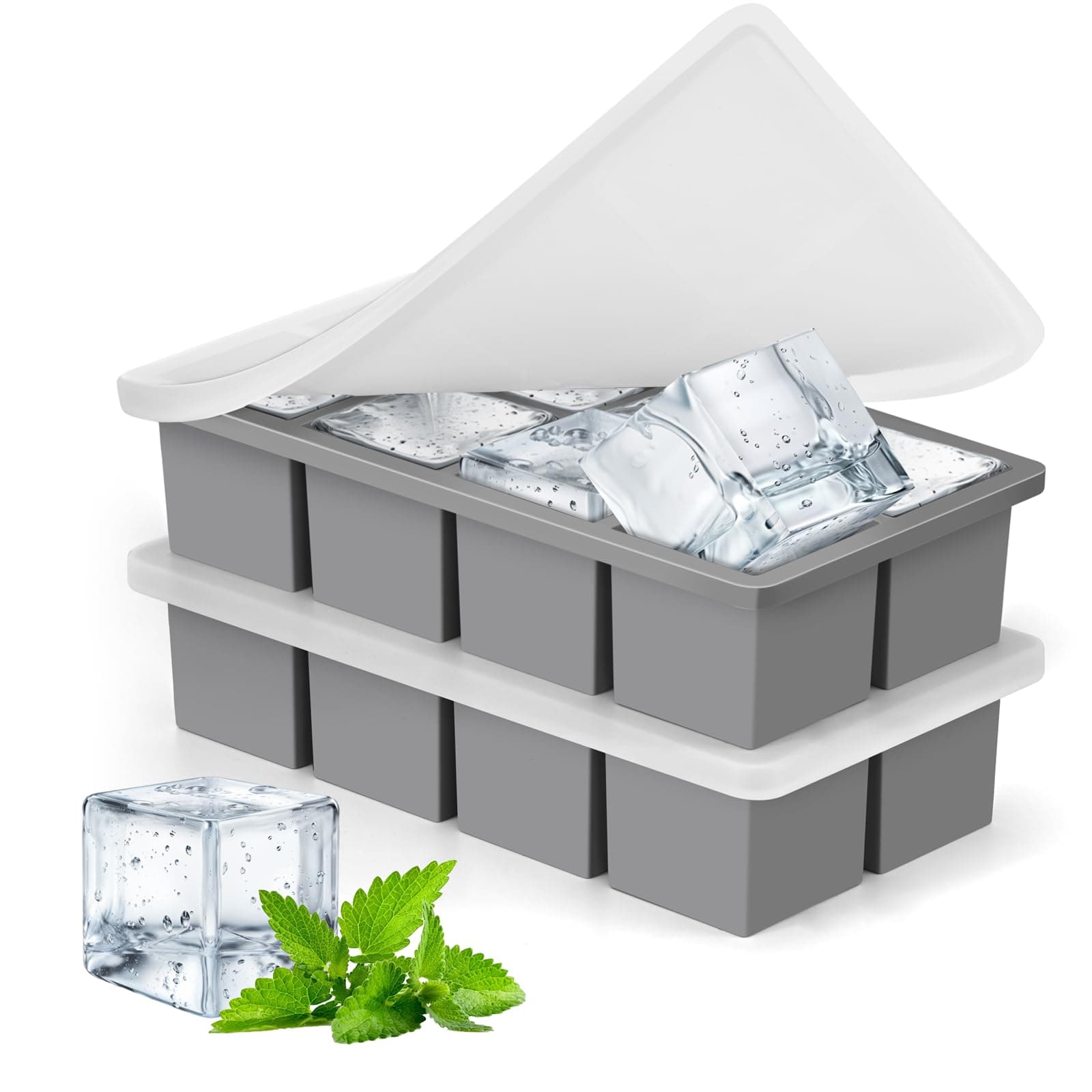 2 Pack Large Ice Cube Molds with Lid,Big Silicone Ice Cube Tray for Whiskey,2Inch Square Ice Cube Tray,Easy-Release Ice Mold,16 Giant Ice Cubes for Bourbon Cocktail(Grey)