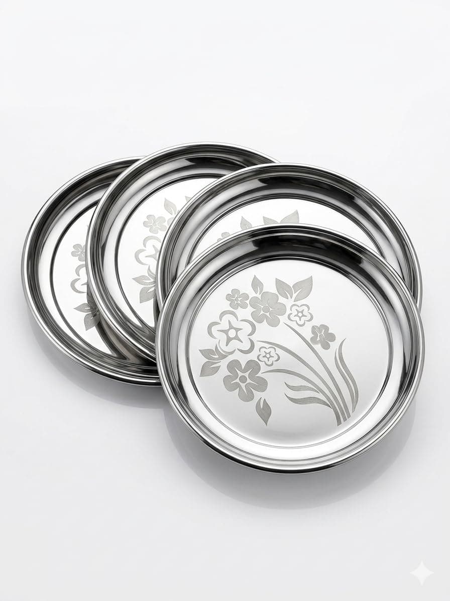 Warekraft Stainless Steel Quarter Plate | Nasta Serving Plate | Floral Rajbhog thali (Quarter Plate, 4)