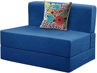 Rosebell - One Seater Sofa Cum Bed, Foldable Sofa Bed 3 X 6 Feet, Jute Fabric- Washable Cover- Including 1 Cushion Perfect for Home & Office - Blue-Color