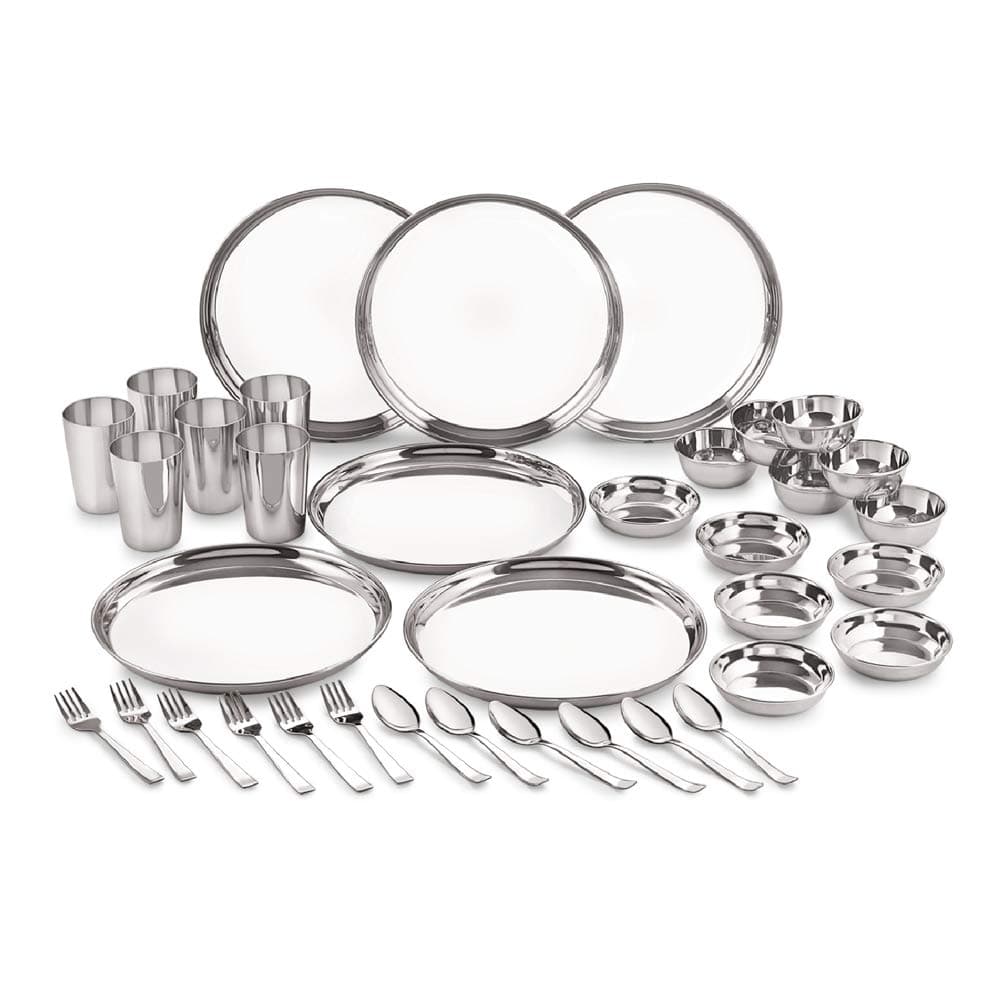 Neelam Stainless Steel Dinner Set Shagun | Occasions- Anniversory, Wedding, Houseworming Party |Sets of Plates, Glasses, Vatis/Bowls, Spoons & Other Essetials Ideal for Gifting.