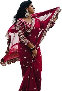 Vinayak Textile Women's Maroon Purple Soft Georgette Silk Mirror Work And Sequence Saree With Unstitched Blouse (Sheesh Mahal Wine 4)