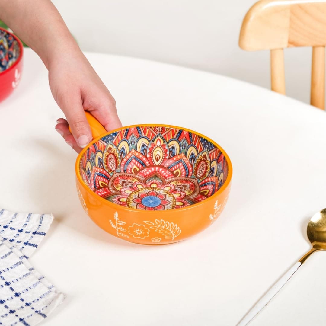 Nestasia Mandala Ceramic Snack Bowl with Handle (600 ml) - Microwave & Dishwasher Safe Serving Bowl - Ideal for Soup, Curries, Salad & Noodles (Yellow)