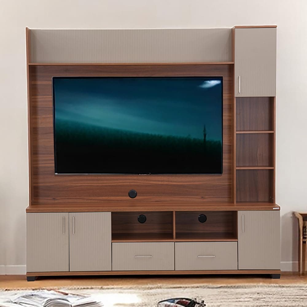 Royaloak Genting Malaysian Entertainment Unit | Engineered Wood | Melamine with Vertical Fluting | Soft Close Hinges | Open Shelf | Ample Storage |Drawer Storage | Telescopic Channel TV Cabinet