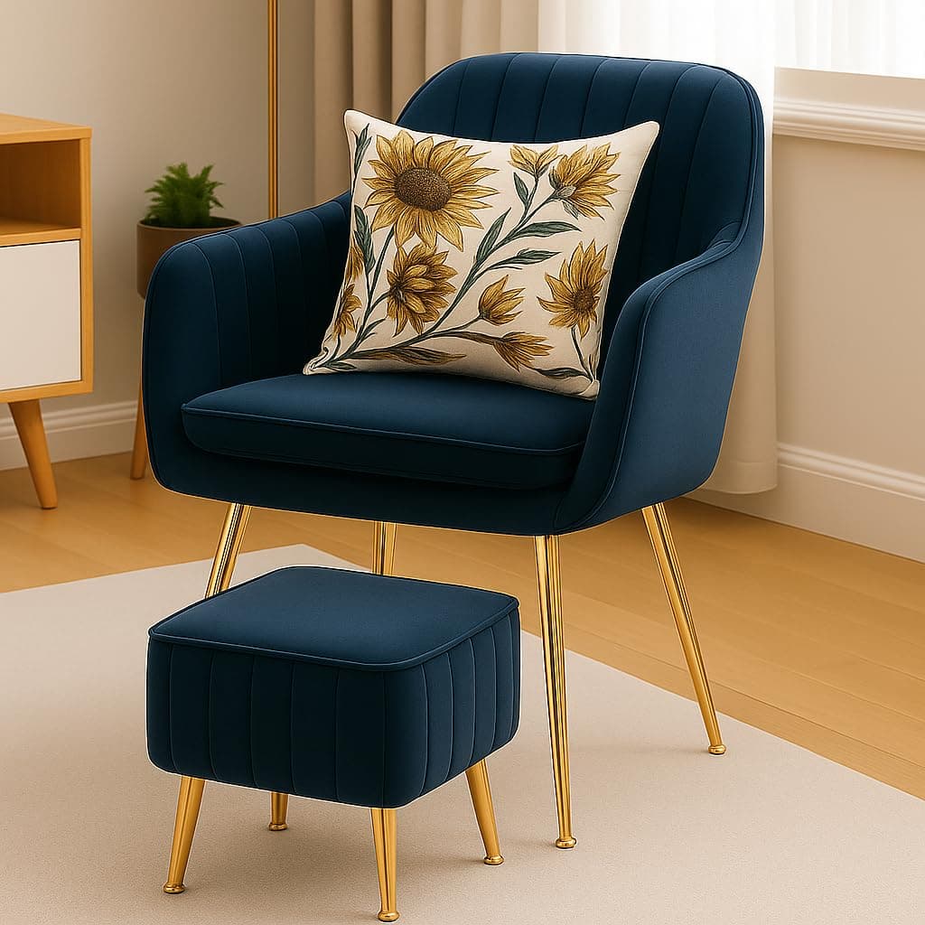 CHAIR DECOR Velvet Accent Chair with Matching Pouffe & Floral Cushion | Upholstered Lounge Armchair with Gold Metal Legs for Living Room, Bedroom, Office & Guest Room (Blue)