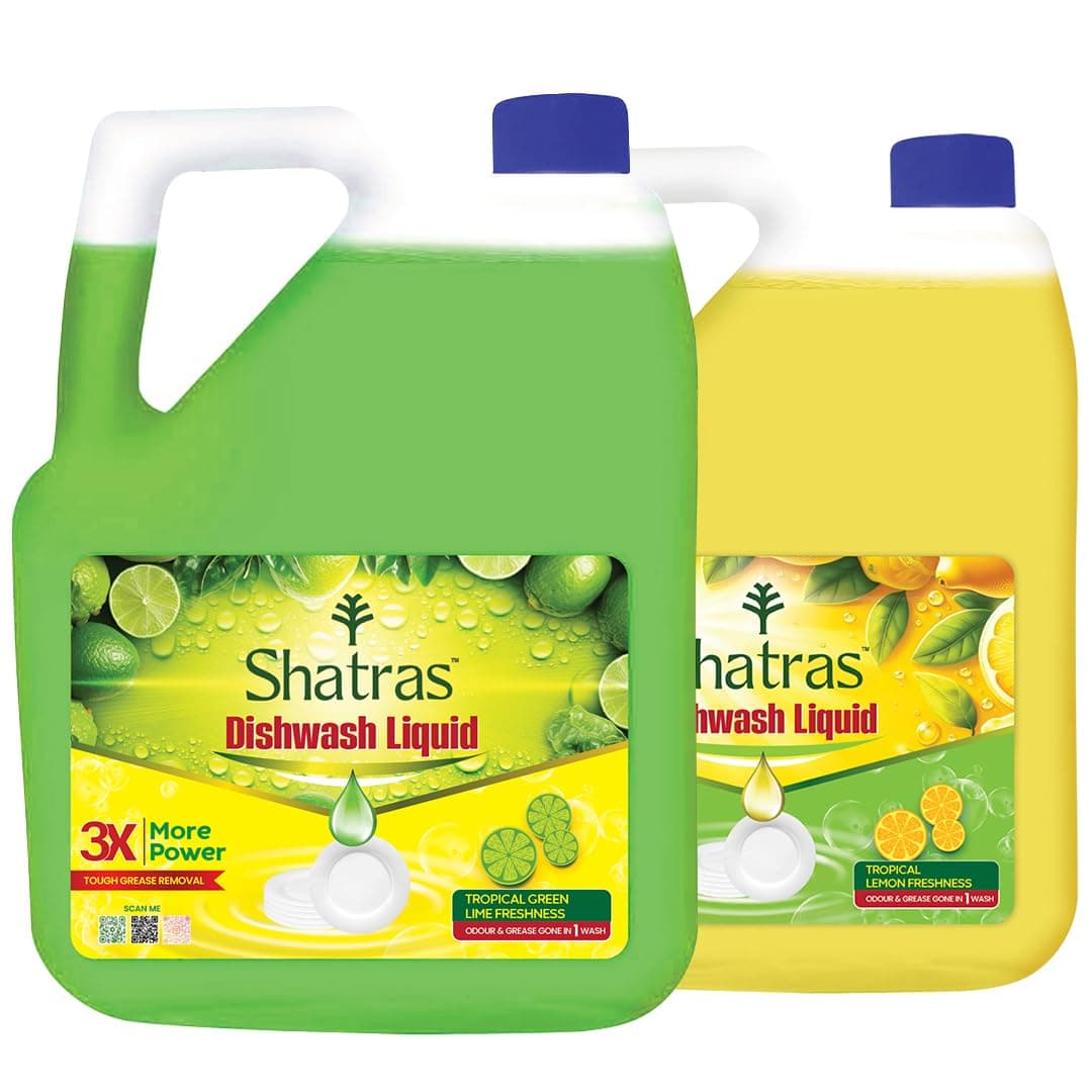 Shatras Lime Liquid Dishwash Gel - 5L | Tough Grease Removal & Natural Fragrance| Removes Odour| Easy Lather & Rinse Off| Leaves No White Residues| Hand-Safe (Pack Of 2)