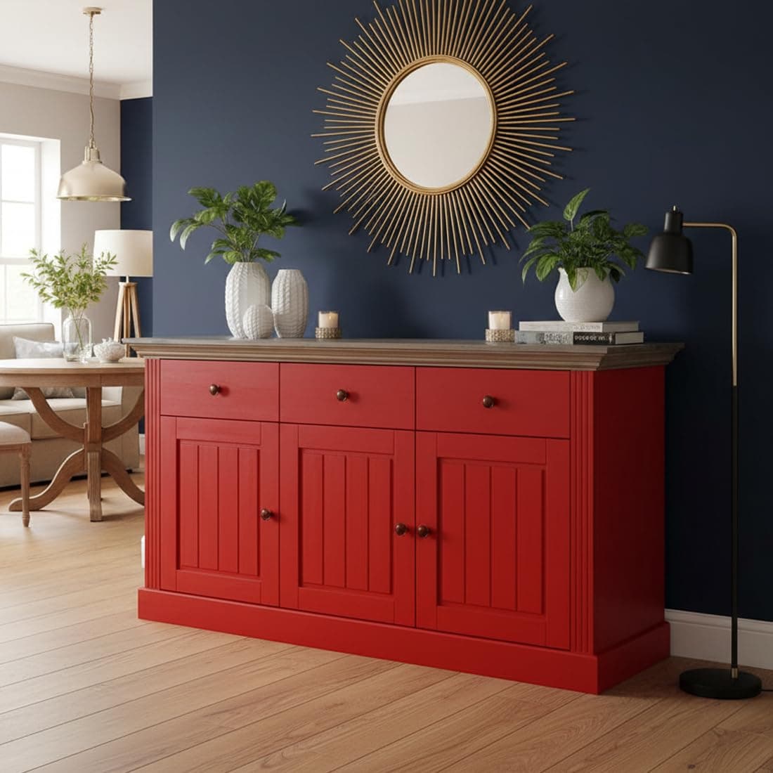 APRODZ Solid Wood Alegre Sideboard Storage Cabinet for Living Room | Deep Red