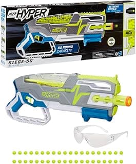 Nerf Hyper Siege-50 Pump-Action Blaster - Includes 40 Nerf Hyper Rounds, Up to 110 FPS Velocity, Easy Reload, Holds Up to 50 Rounds