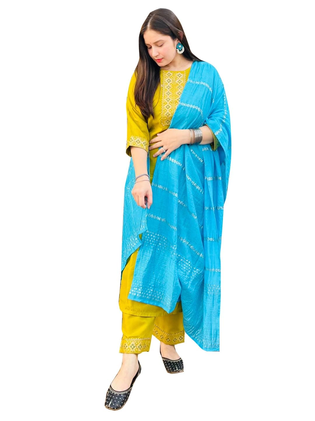 VredeVogel Women's Cotton Silk Blend Embroidered Kurta with Pant & Dupatta Set | Casual Outfit Ethnic Kurta Set for Women | Modern & Traditional Blend Ethnic Wear