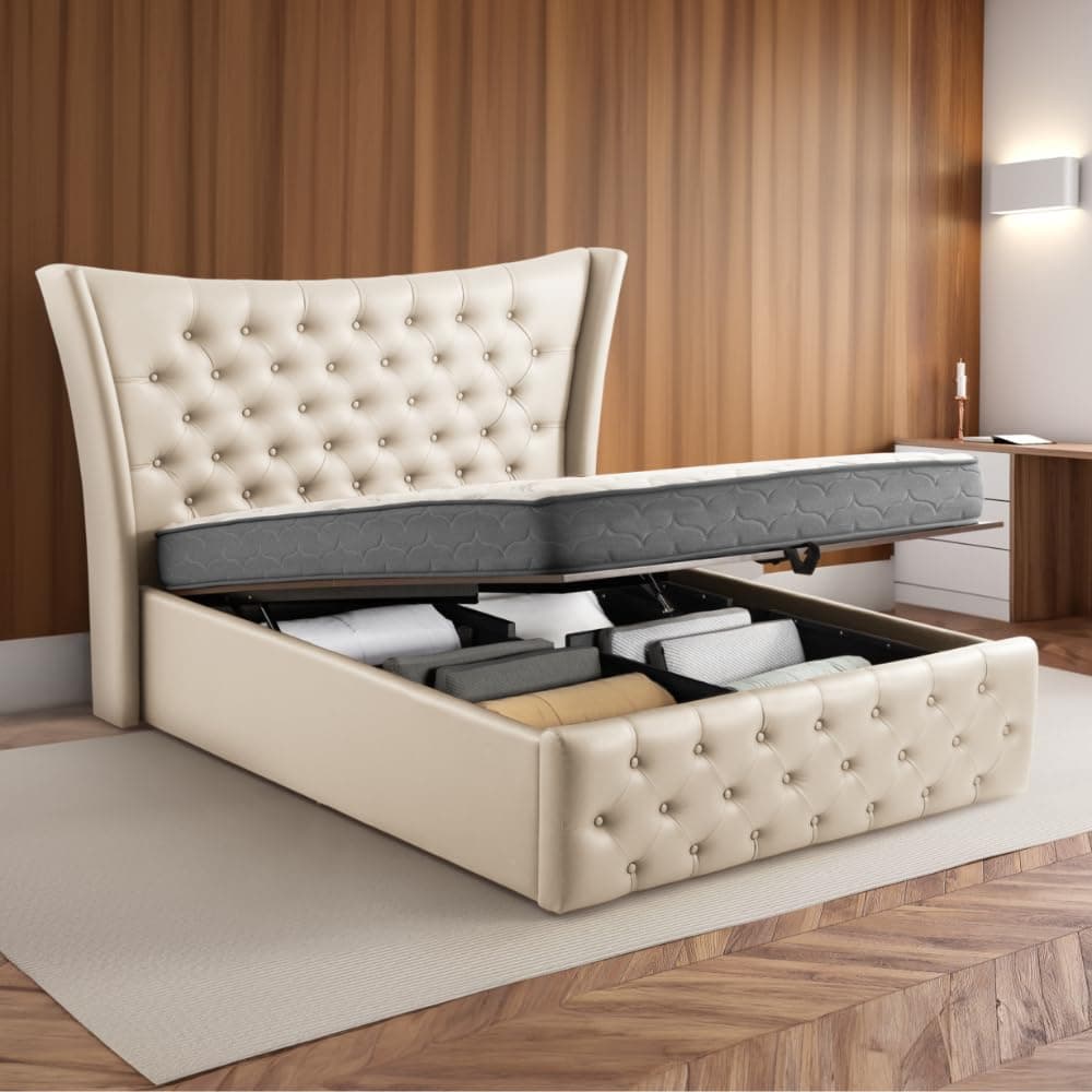 Wakefit Bed | Queen (78 X 60) Solid Wood Bed, Upholstered, Hydraulic, 3 Year Warranty | - Lovejoy - Beige