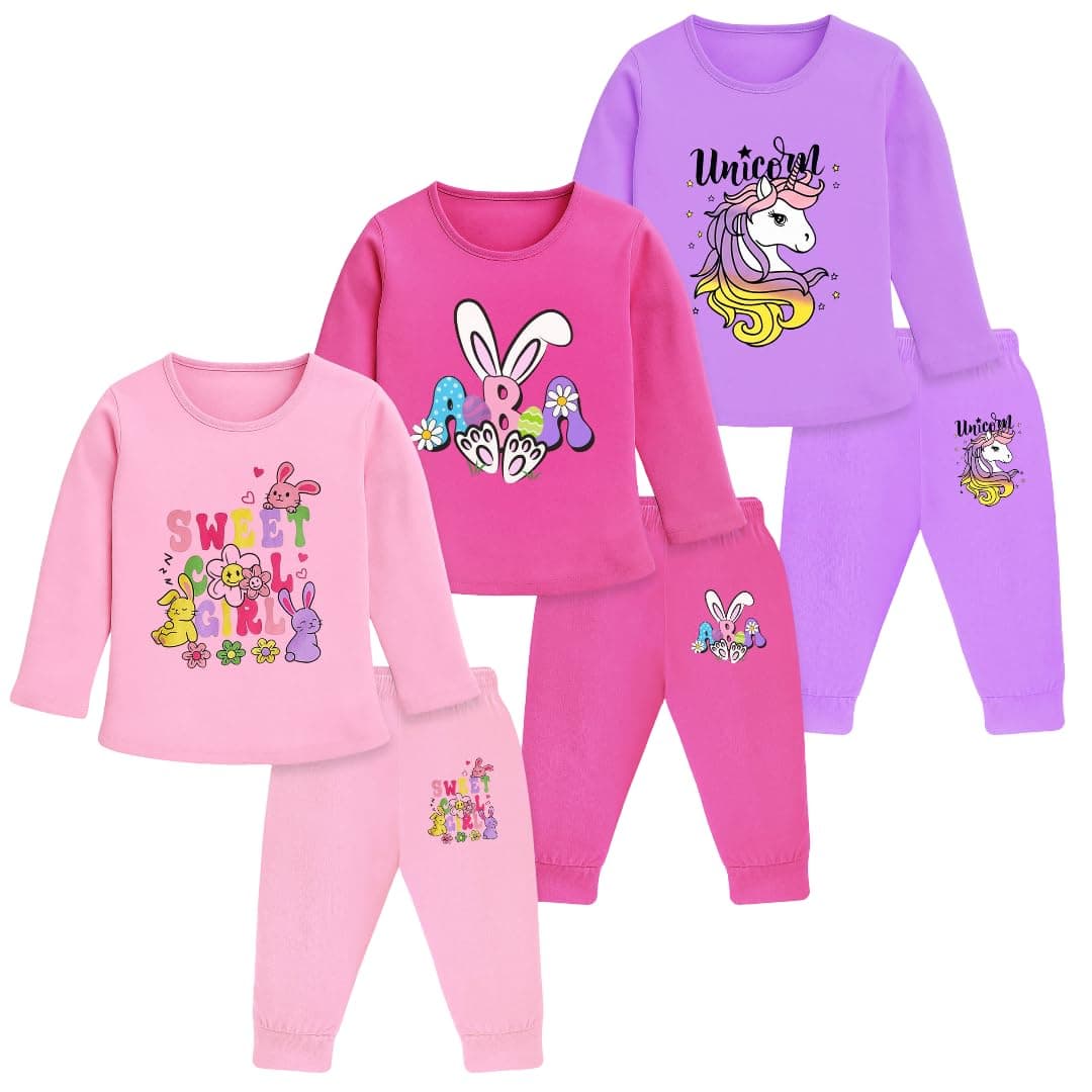 TS LAVI TAVI Cotton Clothing Set for Girls Dress Full Sleeve T-shirt Top and Pyjama (Pack of 3)