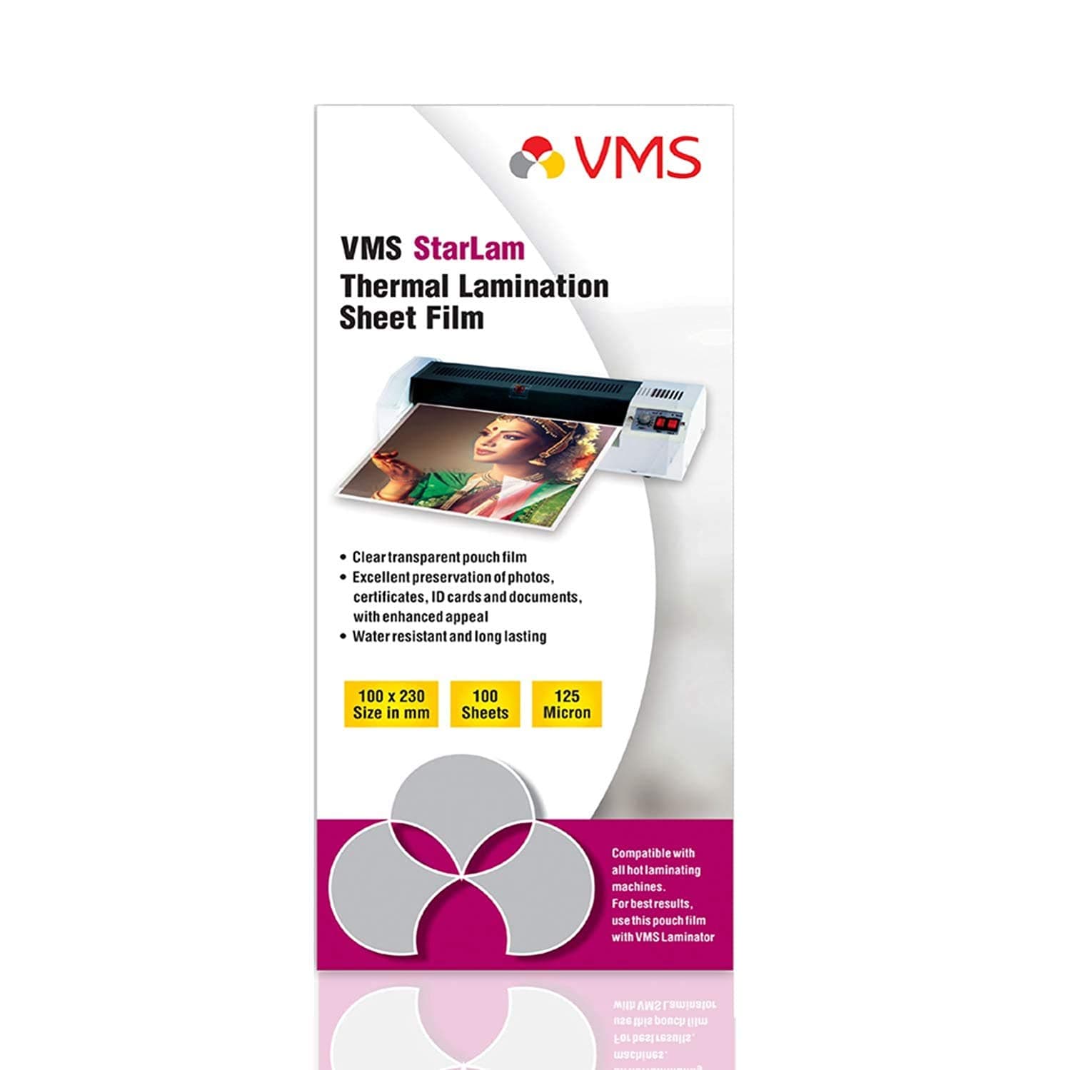 VMS Starlam Thermal Lamination Pouch Sheets 100mmx230mm 125 Micron 100 Laminating Sheets for Aadhar Card Size Pack of 1