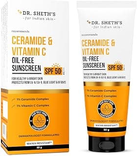 Dr. Sheth's Ceramide & Vitamin C Oil-Free Sunscreen SPF 50+ PA++++ | With 2% Vitamin C Complex, 1% Ceramide | In-Vivo Tested | For Healthy & Bright Skin | Lightweight & Non Greasy | For UVA/UVB & Blue Light & IR Protection | No white cast | For Oily Skin | For Men & Women | 50 g