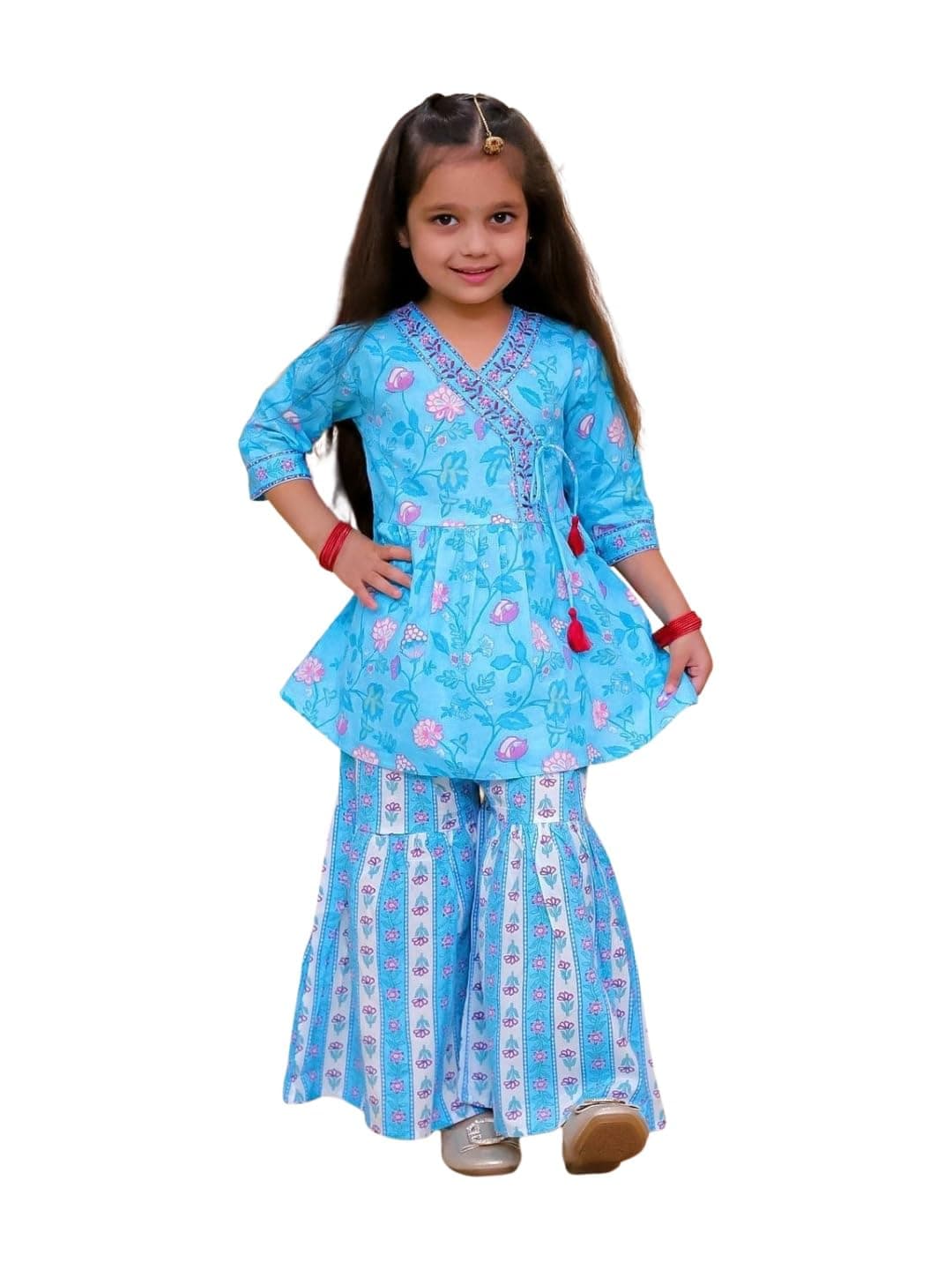 AJ DEZINES Kids Cotton 3/4th Sleeve Kurta Sharara Set for Girls - Ethnic Wear | Festival Wear - Floral Printed Pattern, Regular Fit