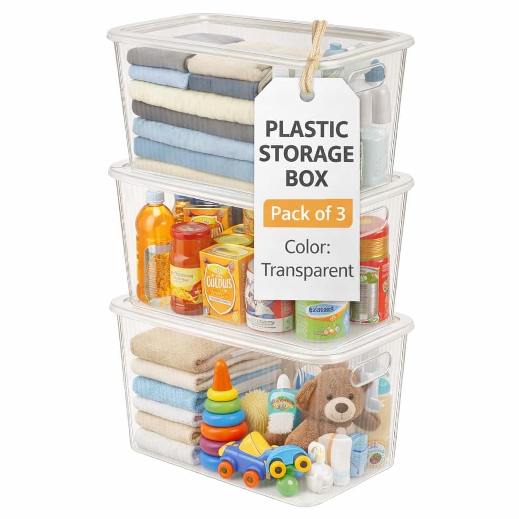HOMENU Plastic Storage Box with Lid – Large Stackable Organizer Storage Box for Clothes, Toys, Kitchen – Big Size Plastic Storage Container Basket for Home, Office, Bathroom(Large,3pcs,Transparent)
