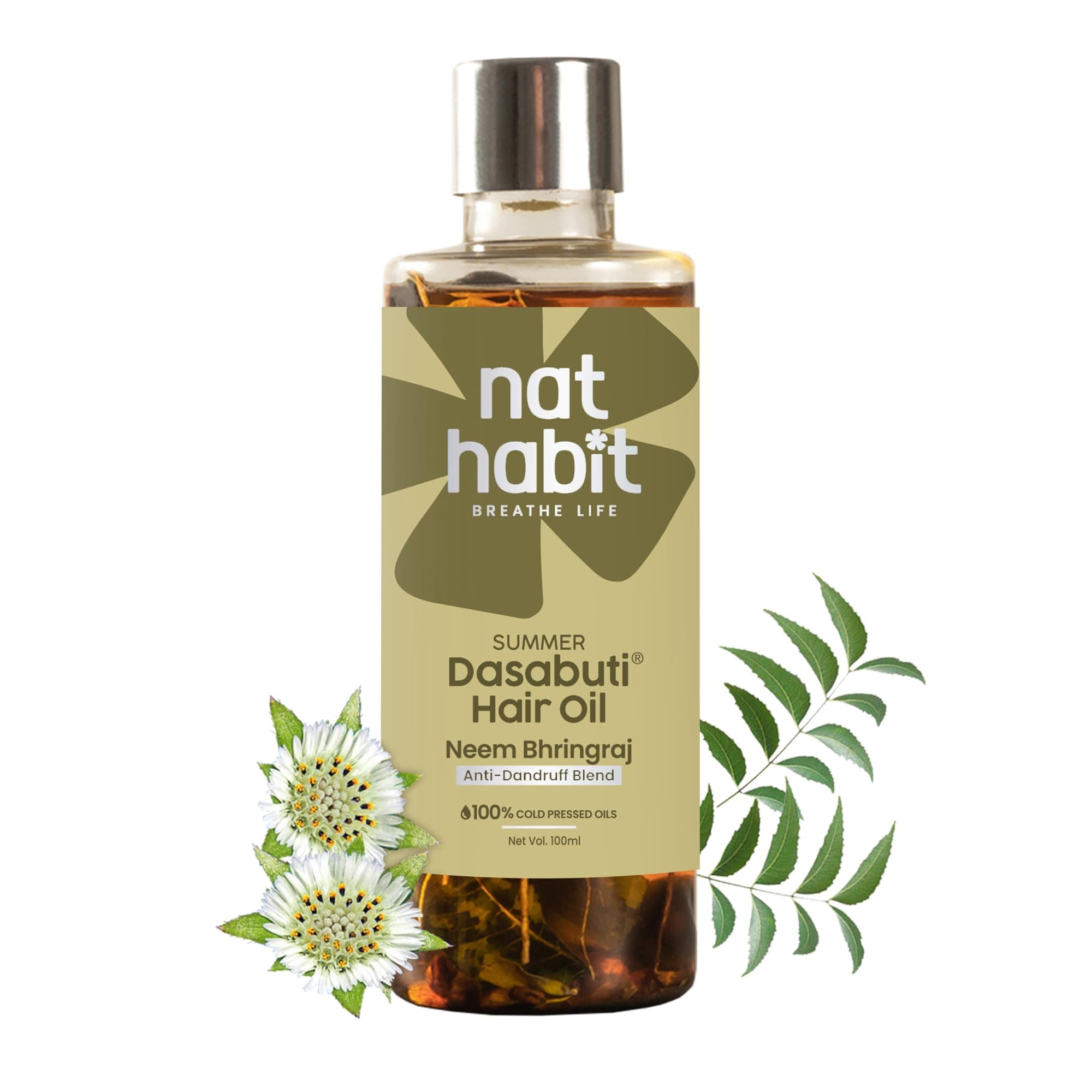 Nat Habit Neem Bhringraj Hair Oil For Men & Women, Reduces Dandruff, Suitable For All Hair Types, No Paraffin, Mineral Oil, Preservatives & Chemicals, 100 ml