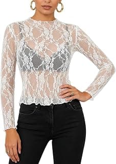 SANNIDHI® Mesh Long Sleeve Top for Women, Lace Sheer Tops See Through Mock Neck Floral Embroidery Sheer Blouce Fishnet Shirt Floral Lace Tops(Not Include Bra!)