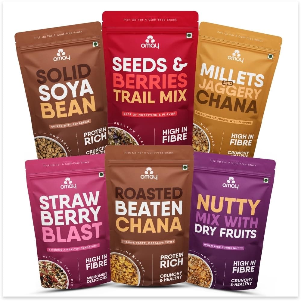 Omay Foods TRY IT ALL COMBO PACK (Pack of 6) I Roasted Oil-free Snacks I Healthy Snacks I Indian Snack, Trail Mixes I Non fried snacks I Guilt-free snacks I Snack Combo I Roasted Namkeen I Snacks for Weight Loss