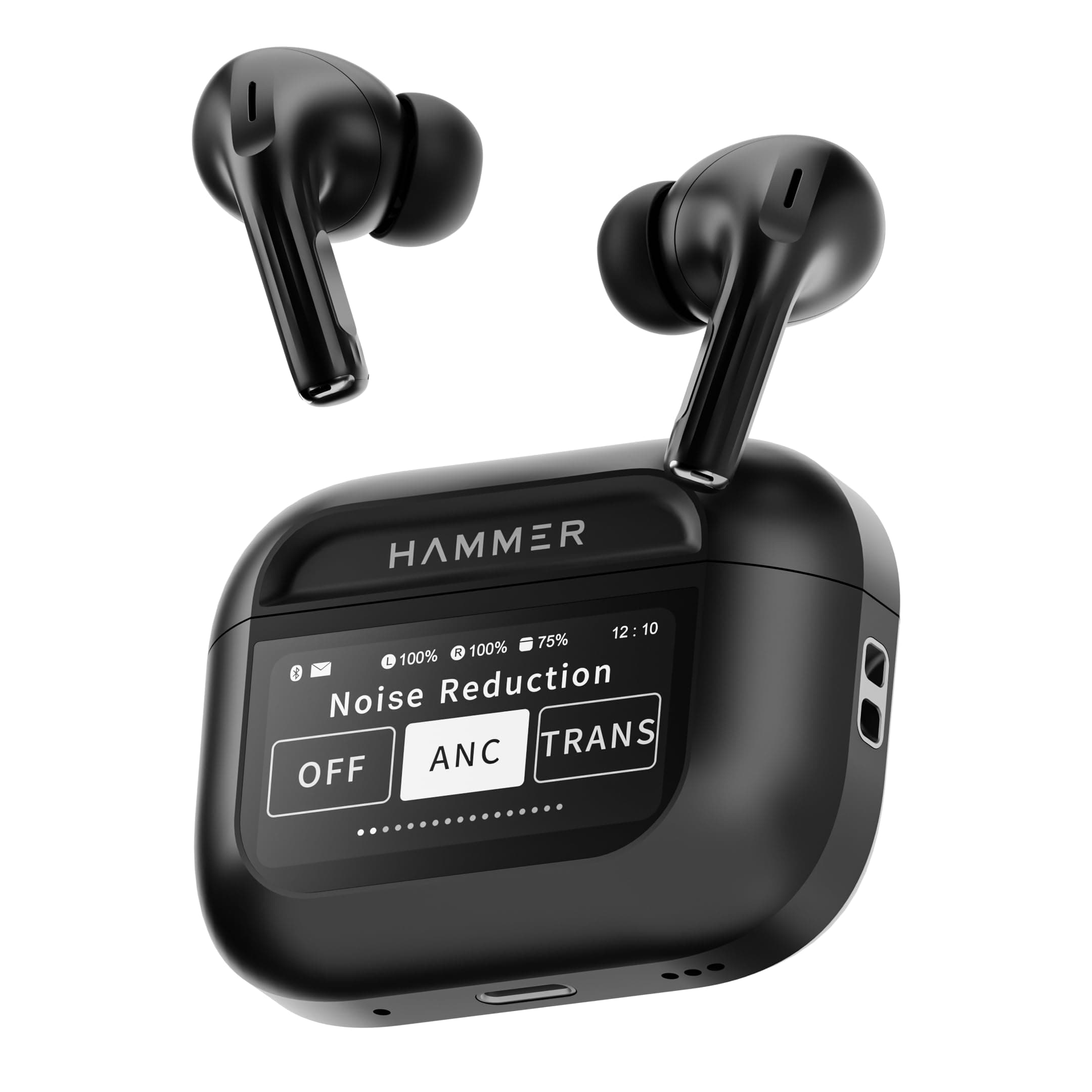 HAMMER Screen TWS Earbuds Wireless with 13mm Drivers, ANC Ear Buds 32dB, up to 50H Playtime TWS Ear Buds, Type-C Fast Charging, BT v5.4, TWS with ANC Transparency & EQ Mode (Black)