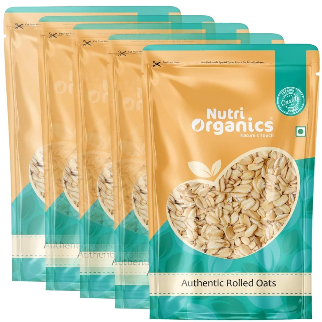 NutriOrganics Rolled Oats 5 Kg - Diet Food | 100% Wholegrain Jumbo Oats | Oats For Weight Management | High Fibre Breakfast | Rich In Protein
