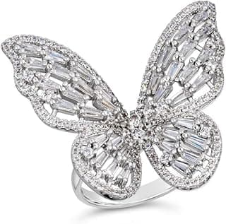 Fashion Frill Women's Jewellery Butterfly Ring - Stainless Steel Silver AD Studded Adjustable Ring for Girls - Romantic Gift for Wife Girlfriend Promise