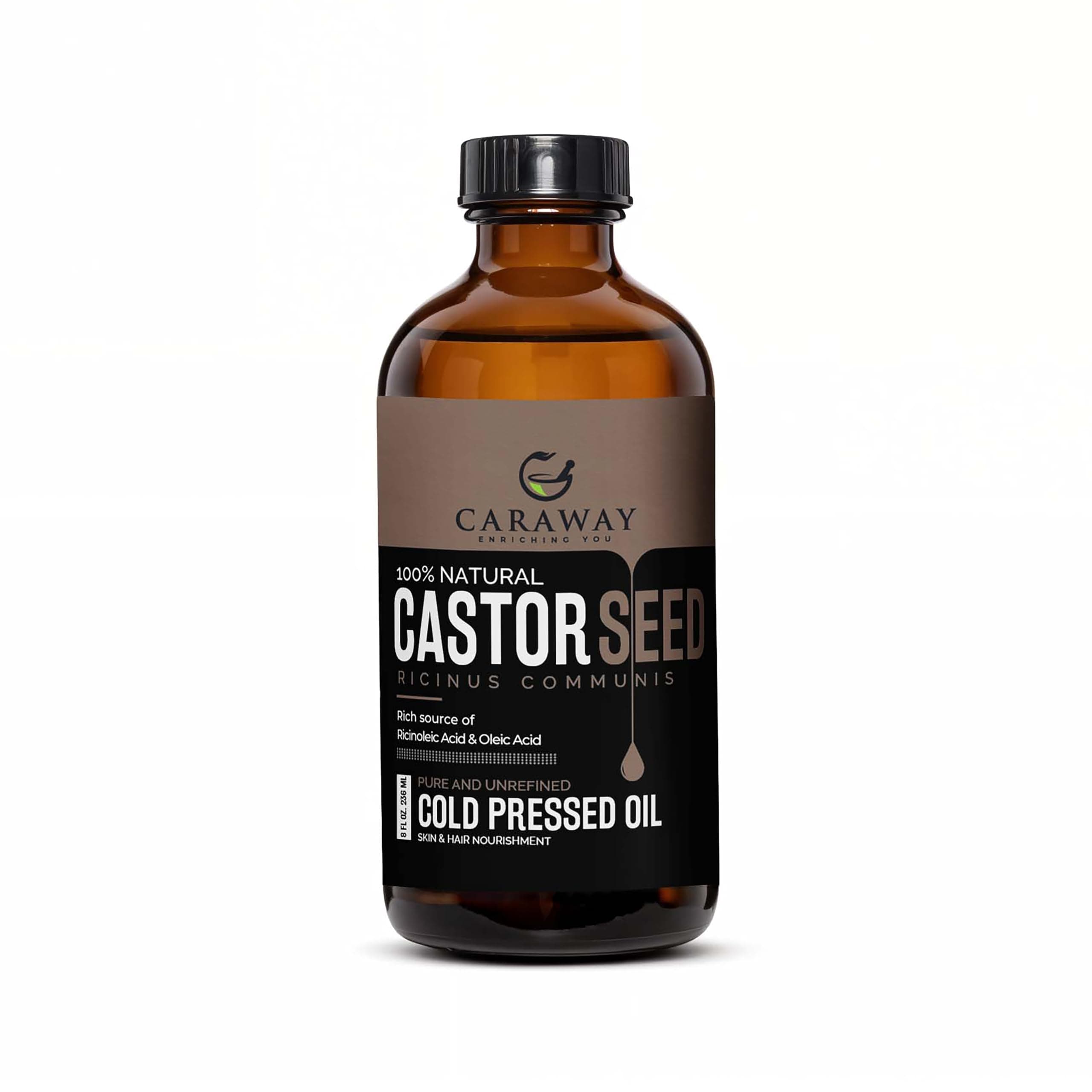 CARAWAY Organic Cold Pressed Castor Oil – Edible for Constipation Relief & Hexane-Free Castor Oil for Hair Growth, liver detox Skin & Joint pain glass bottle – 236 ml / 8 oz