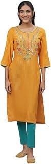 Aurelia Women's Rayon Crepe Straight Fit Autumn Blaze Stripes Yarn Dyed Straight Kurta