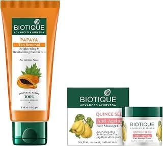 Biotique Bio Papaya Revitalizing Tan-Removal Scrub, 100g & Quince Seed Nourishing Face Massage Cream For Normal To Dry Skin, 50g