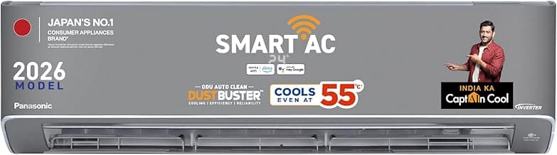 Panasonic 1.5 Ton 5 Star New Star rated Premium WiFi Inverter Smart Split AC (DustBuster Tech,Matter Enabled,AI,nanoe, Higher Airflow, Copper Cond., 8in1 Convertible, 4-Way, CS/CU-HU18CKY5XFMH-P,Grey)