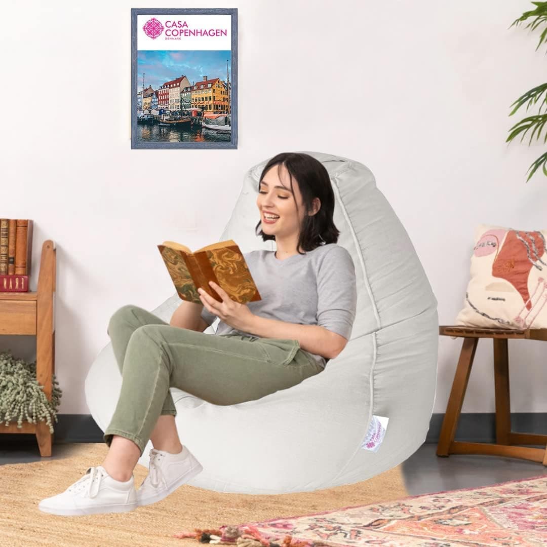 Casa Copenhagen Premium Designer Fabric Bean Bag Chair, Filled with Beans | Capacity: Upto 7 Ft Height, 200 KG Weight | 4XL | White Coal