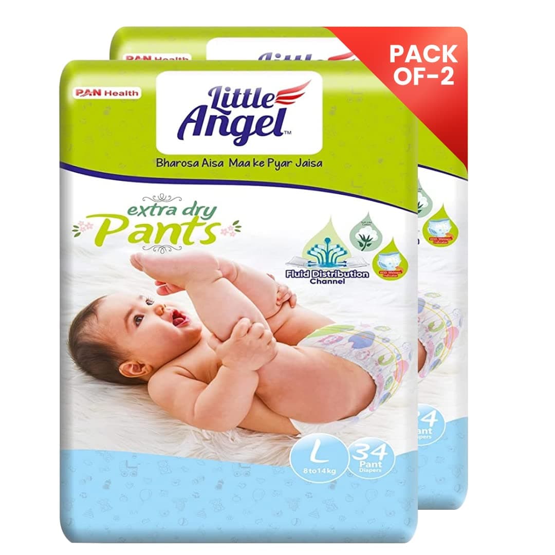Little Angel Extra Dry Baby Pants Diaper, Large (L) Size, 68 Count, Super Absorbent Core Up to 12 Hrs Protection & Wetness Indicator, 8-14kg (34 count/pack, Pack of 2)