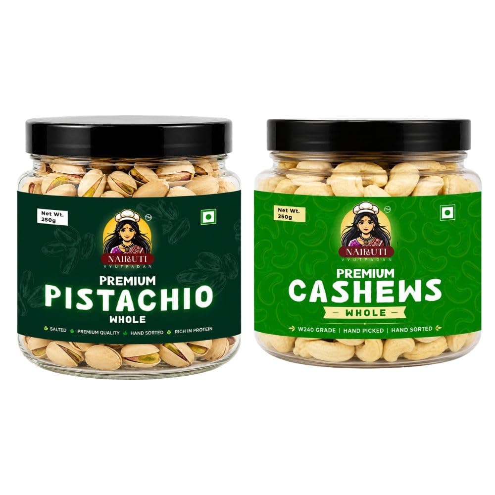 Nairuti Vyutpadan Dry Fruits Combo | W240 Cashew Nuts (Kaju) & Roasted Salted Pistachios (Pista) | 250g Each, 500g Total | Premium Whole Dry Fruits for Snacking & Gifting | No Added Preservatives