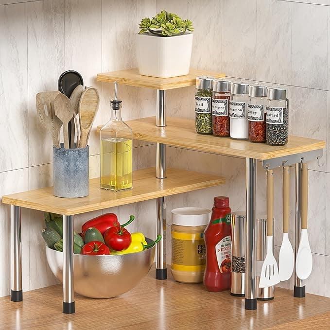 Abja Novelties Kitchen Counter Top Organizer, Shelf Rack for Kitchen Storage, Wooden Corner Shelf, 3 Tier Spice, Oil Stand, Tabletop Adjustable Rack for Makeup, Office (Golden Brown, 3 Tier)
