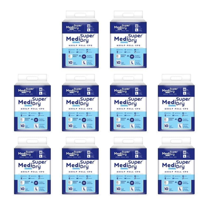 Medisuperdry Adult Diapers L Size Pants | Large (L) |Waist 101-152 cm (40-60 inches) |High Absorbency - 8 Hrs |RashFree Diaper |Leakproof |Elastic Waist |For Men & Women |100 Units, Pack of 10