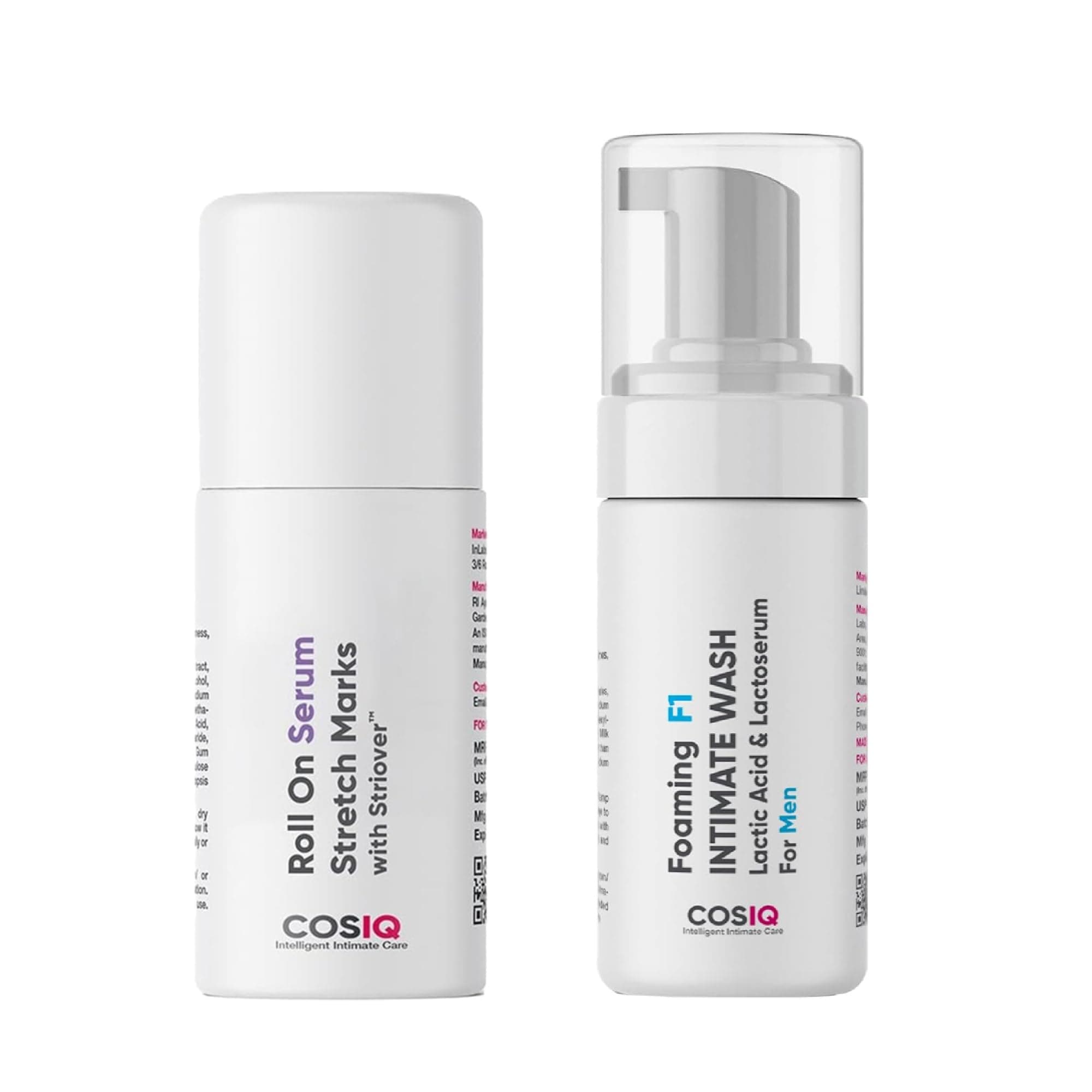 Cos-IQ Stretch Marks Roll-On Serum & Intimate Wash Set for Unisex, Pack of2 | Daily 2-Step Duo, Ph Balanced Cleanse, Quick-Dry Applicator, Gentle Fragrance-Free Formulas