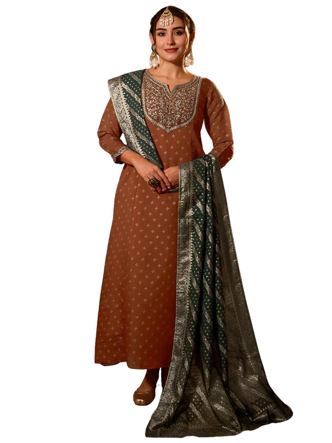 Naixa Women's Silk Embroidered Printed A-Line Kurta with Pant | Dark Green Viscose Jacquard Dupatta Set | 3/4 Sleeve | Notch Neck | Festive (Available in Plus Size)