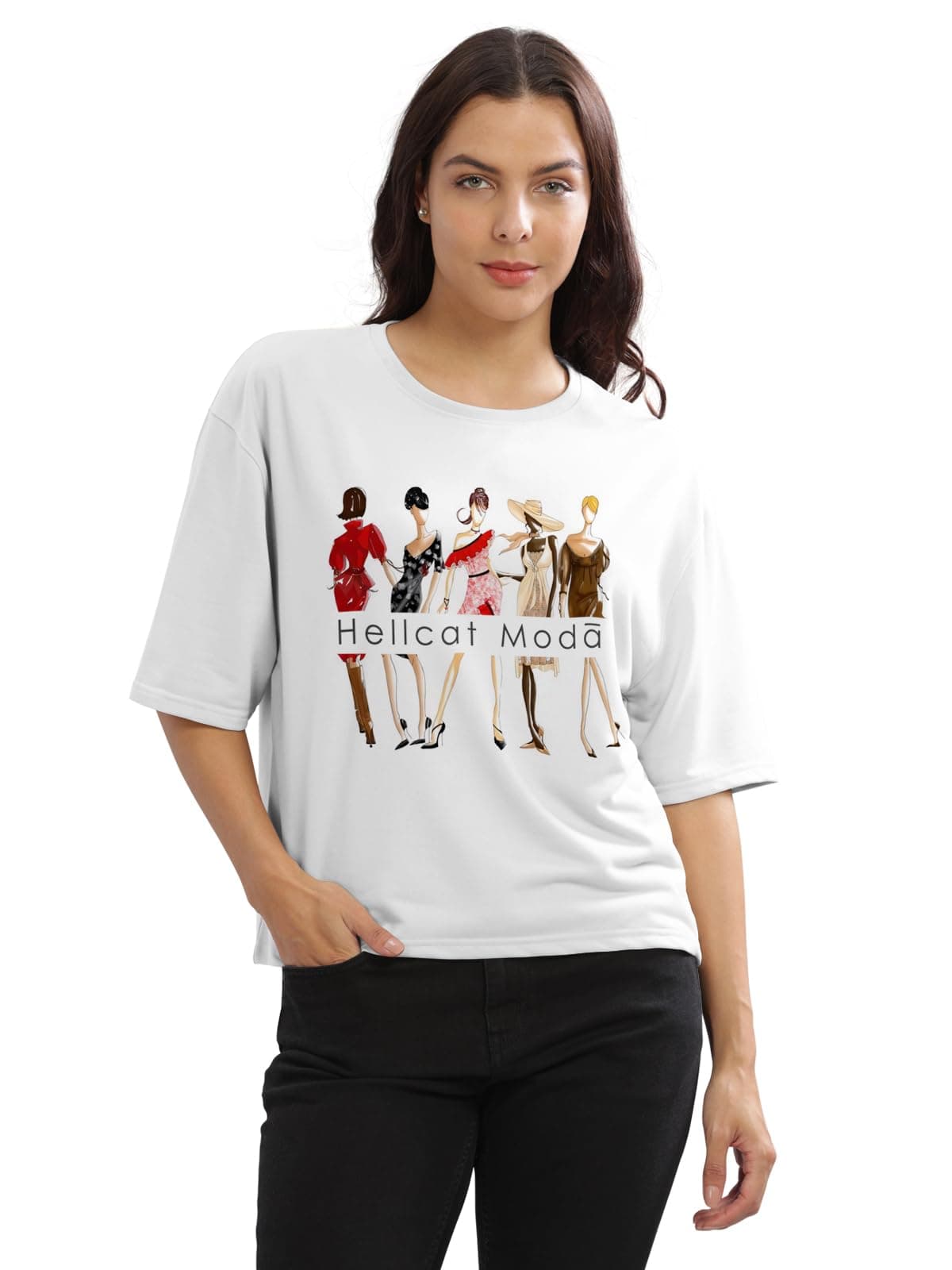 HELLCAT Beige Printed Loose Fit Crew-Neck Crop T-Shirt for Women