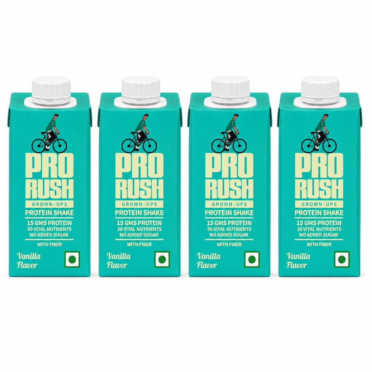 Prorush Grown-Ups Protein Shake (15g Protein, 30 Vital Nutrients, No Added Sugar, With Fiber), Vanilla Flavour, 4 X 200ml, Ready to drink