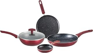 BERGNER Amarone 5 Pcs Induction Bottom Cookware Set of 24 cm (2.4 L) Kadhai with Glass Lid, 24 cm (1.3 L) Fry Pan,25 cm Tawa, 14 cm Mini Pan, Induction Base and Gas Stove Ready - Maroon
