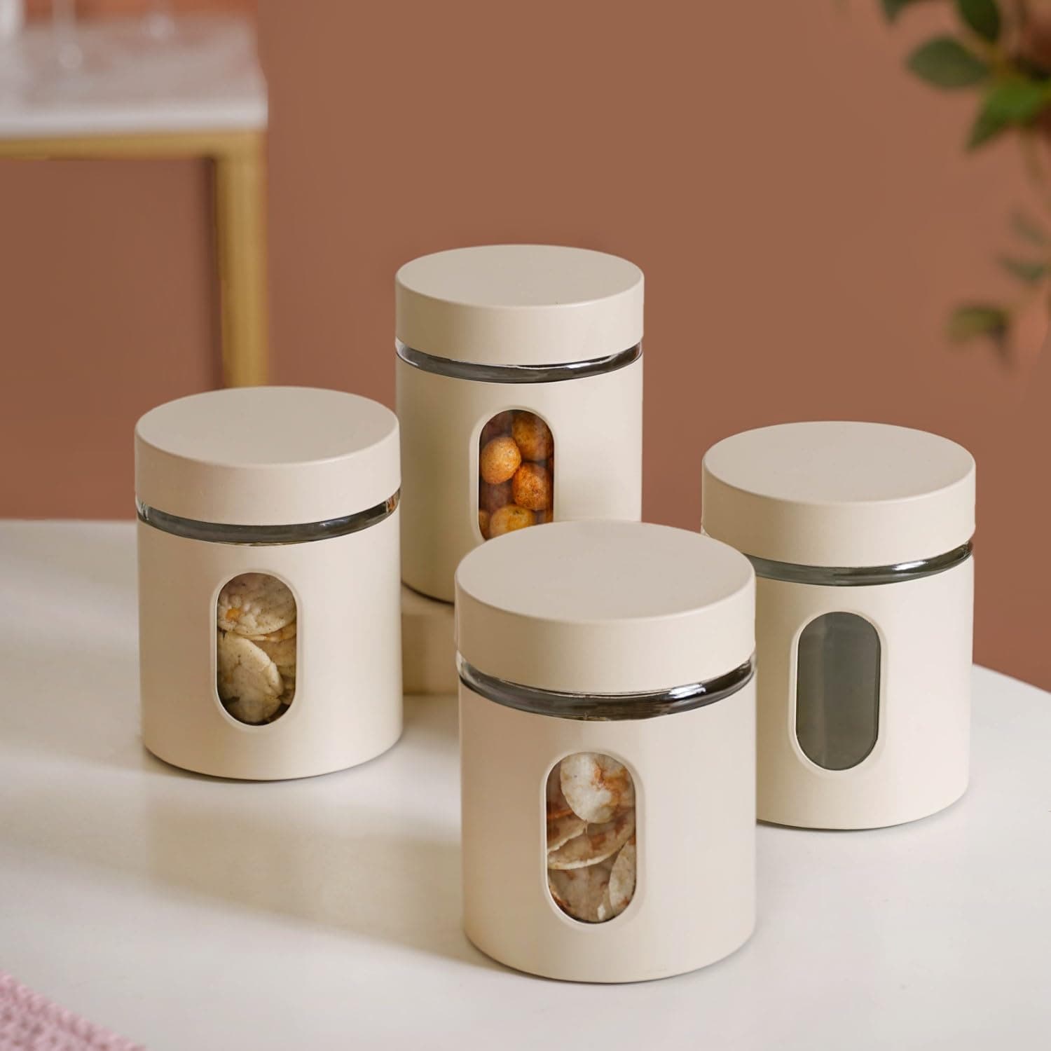 Nestasia Oval Window Metal Jacketed Glass Jars Set of 4 (750 ml Each) - Glass Containers for Kitchen Storage with Transparent See - Through Window for Snacks, Dry Fruits, Tea & Coffee (Beige)