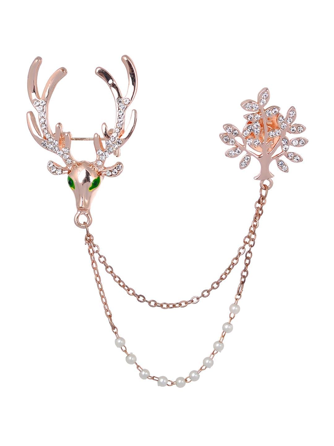 AQUASTREET Deer & Leaf Crystal with Pearl Double Chained Collar Brooch Lapel Pin for Men | Gift for Mens and Boys | Party Badge for Suits