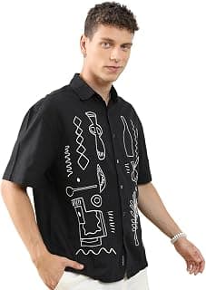 Highlander Men's Relaxed Fit Casual Shirt | Embroidered | Half Sleeves | Spread Collar | Casual Shirts for Men