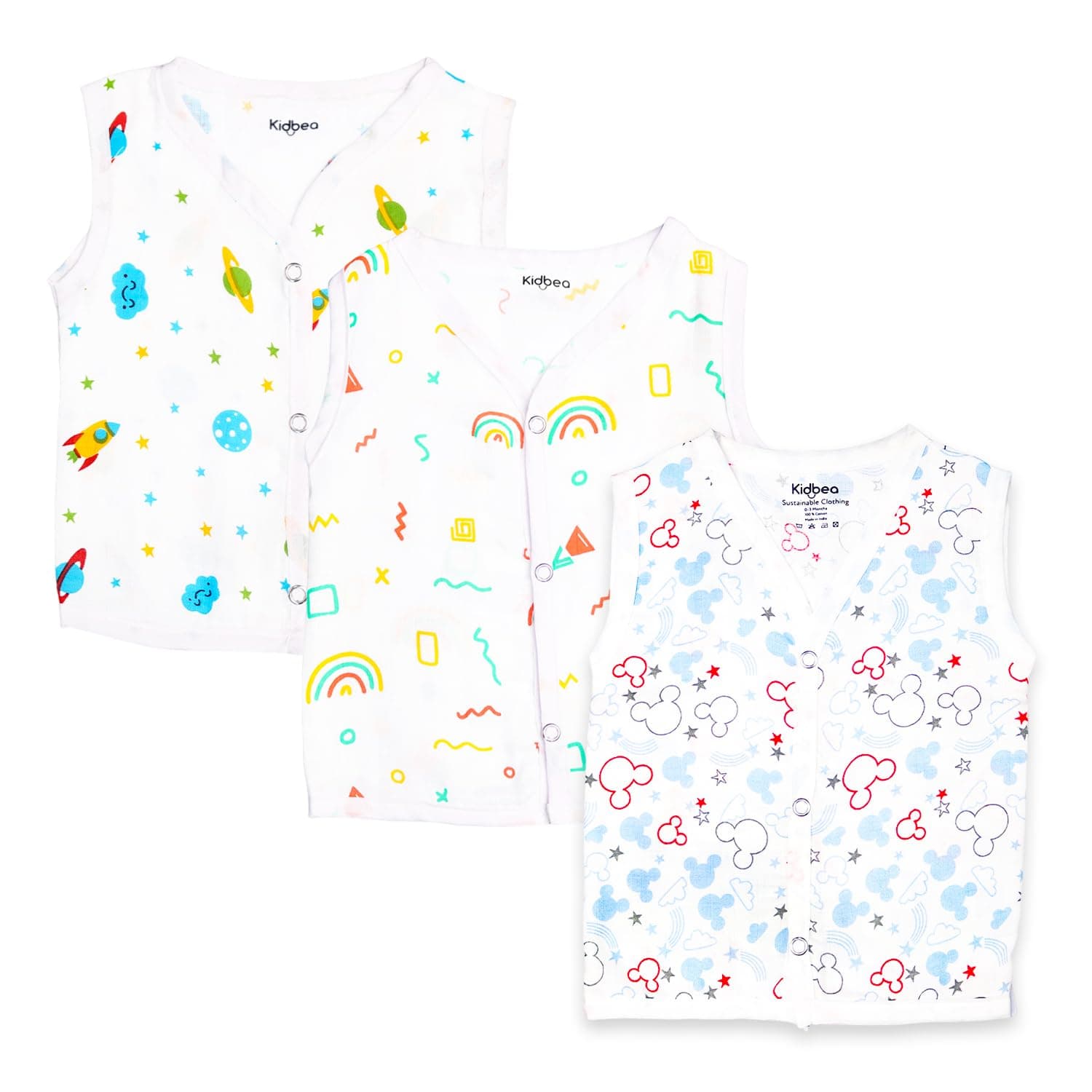 Kidbea Cotton Muslin Jhabla for Newborn Boys & Girls Sleeveless V-Neck Vest with Button Closure | Cute Multi Printed Baby Jabla, Pack of 3 (3-6 Months)