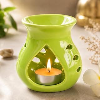 Pure Source India Ceramic Aroma Oil Burner for Home Fragrance | Tea Light Wax Melt & Essential Oil Diffuser | Glossy Light Green Ceramic Wax Warmer for Spa, Meditation, Living Room & Gifting
