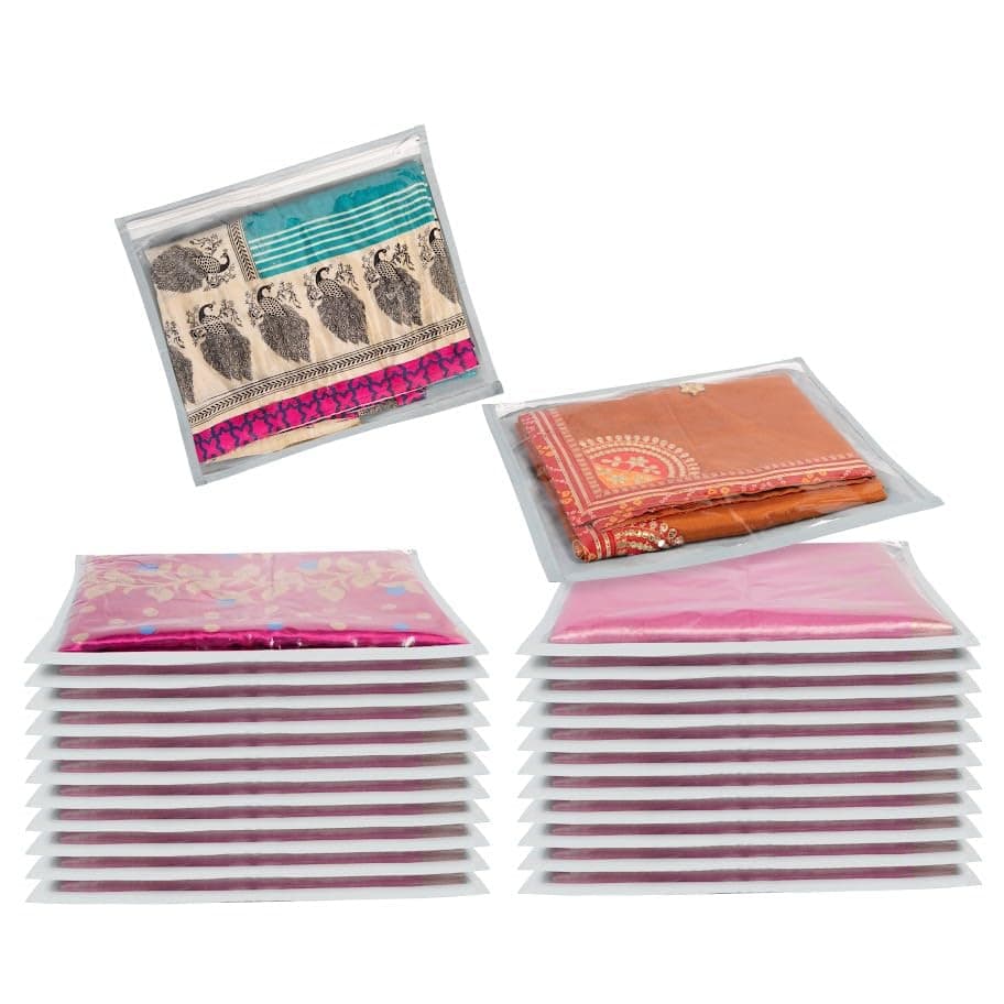 HomeStrap Polypropylene Set of 24 Single Saree Covers | Transparent Top, Foldable & Zip Closure | Clothes Storage Bag & Wardrobe Organizer | Dust & Moisture Resistant Organizers |Grey