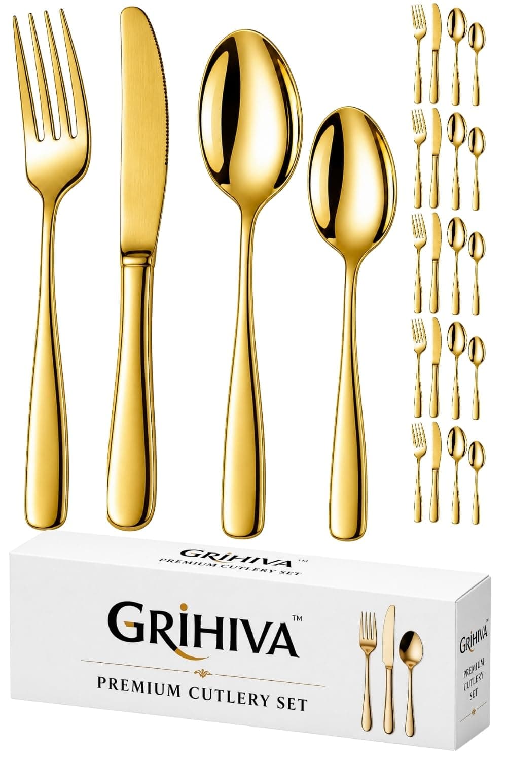 GRIHIVA 24 Pcs Gold Mirror Polish Stainless Steel Cutlery Set for Dining Table with Spoons and Forks Set + Butterknives - The Perfect Tableware/Flatware