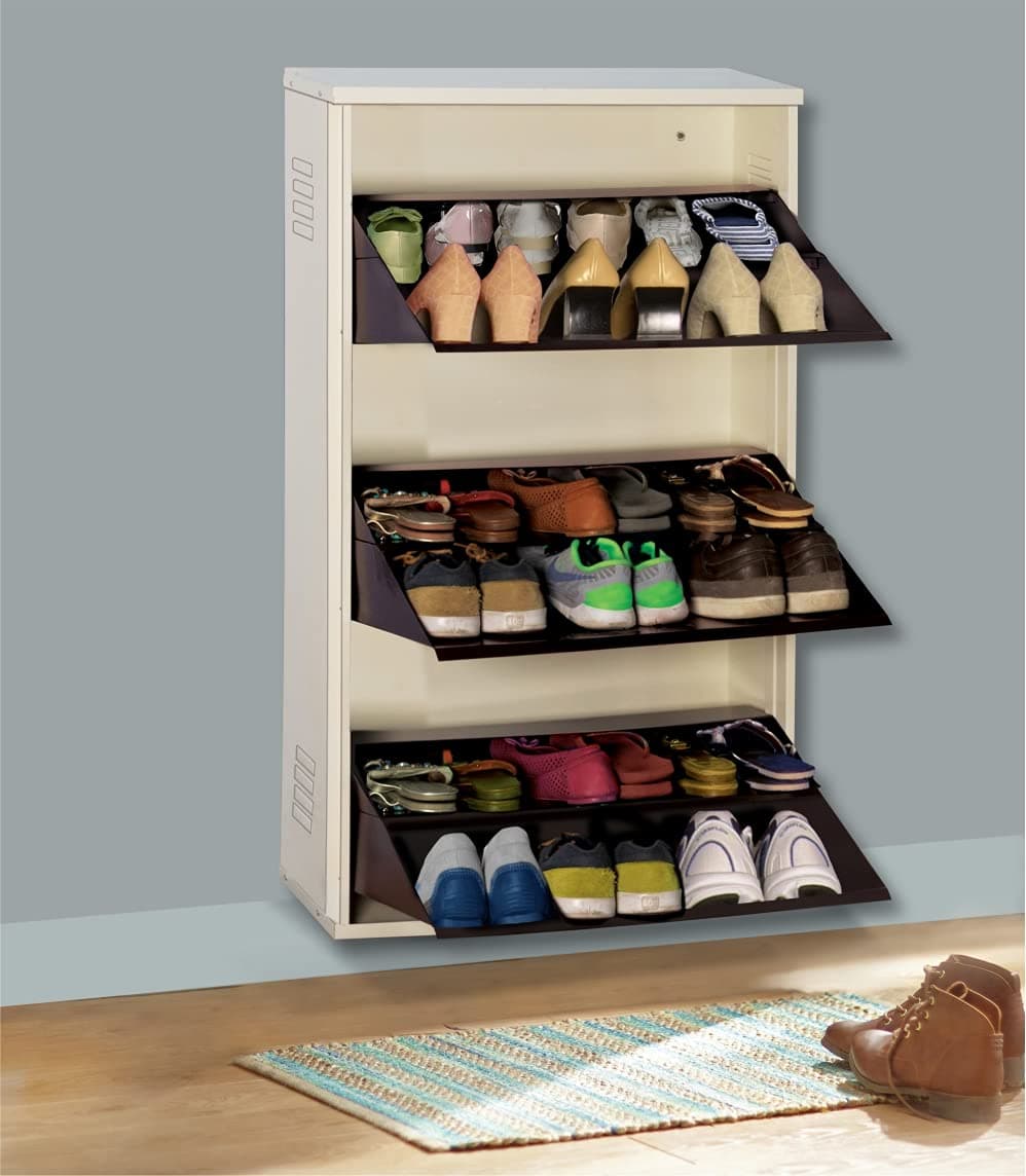 DELITE KOM 24" Wide, 6 Shelf Metal Shoe Rack Wall Mounted for Home with Central Lock Holds Upto 18 Shoes or 30 Slippers Pair | Double Decker, 1 Yr Warranty, (41x24x8, Ivory_Coffee), DIY, Space Saver