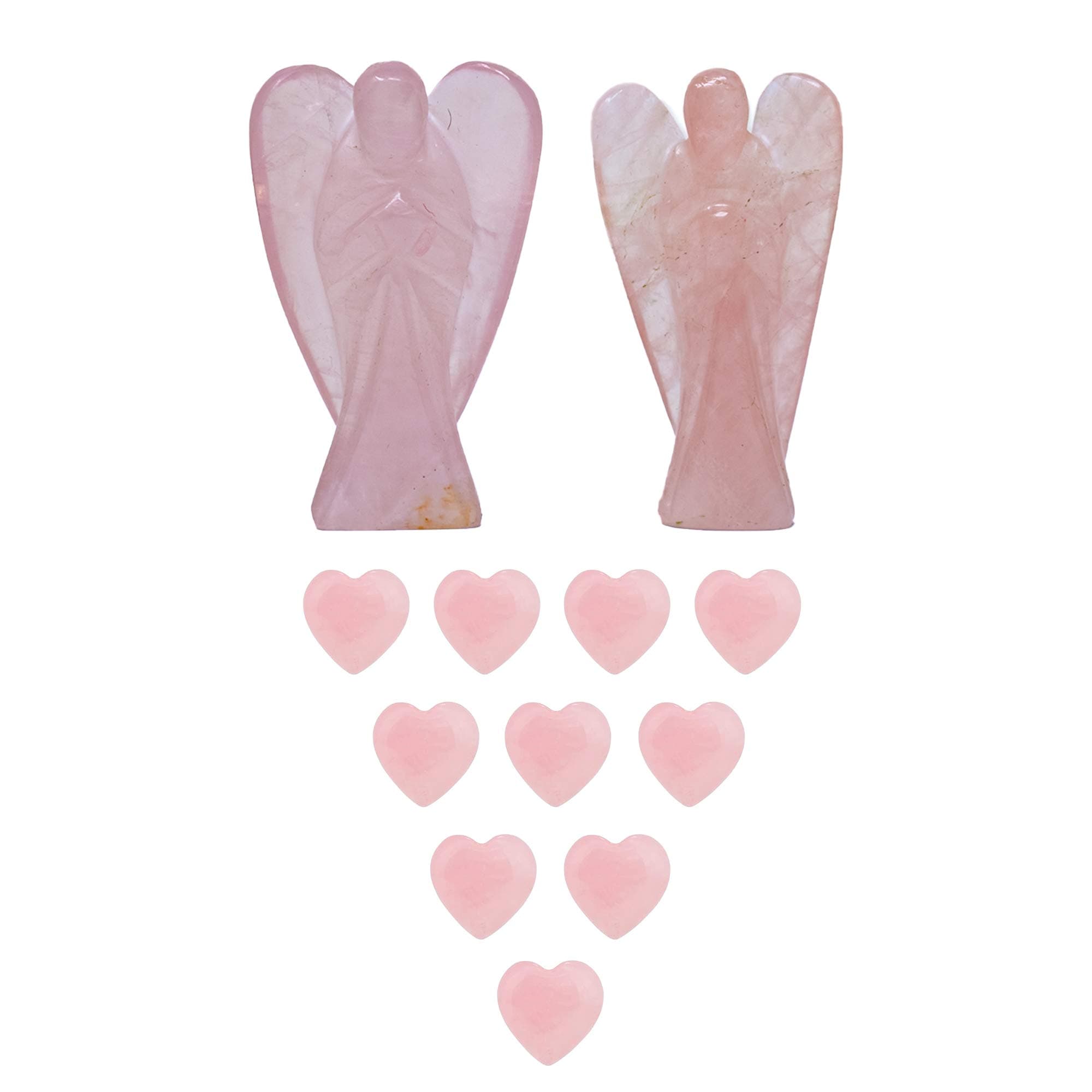 Wonder Care Combo of 2 pc Rose Quartz Angel with 10pc Rose Quartz Heart Puff Hand-Carved Stone for Birthday/Anniversary/Valentine's Day Gifting Purpose