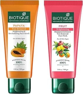 Biotique Fruit Brightening Depigmentation & Tan Removal Face Pack For All Skin Types, 100ml & Biotique Papaya Tan Removal Brightening & Reviatalizing Face Scrub For All Skin Types, 100g